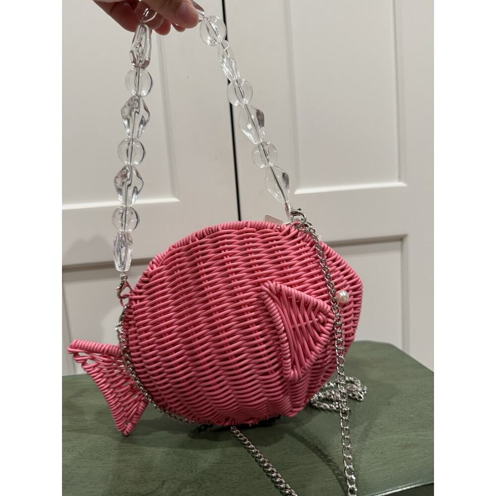 New Tommy Bahama Woven Wicker Fish Pink Clutch Crossbody Bag - Picture 3 of 5